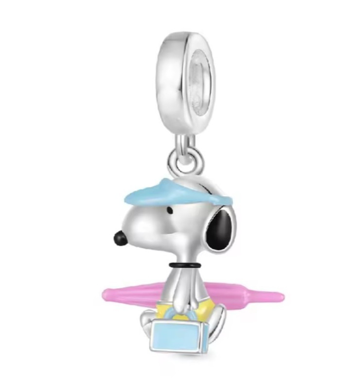 Snoopy Dog Dangle Charm Bead, Silver Tone Enamel Blue Hat Pink Umbrella
