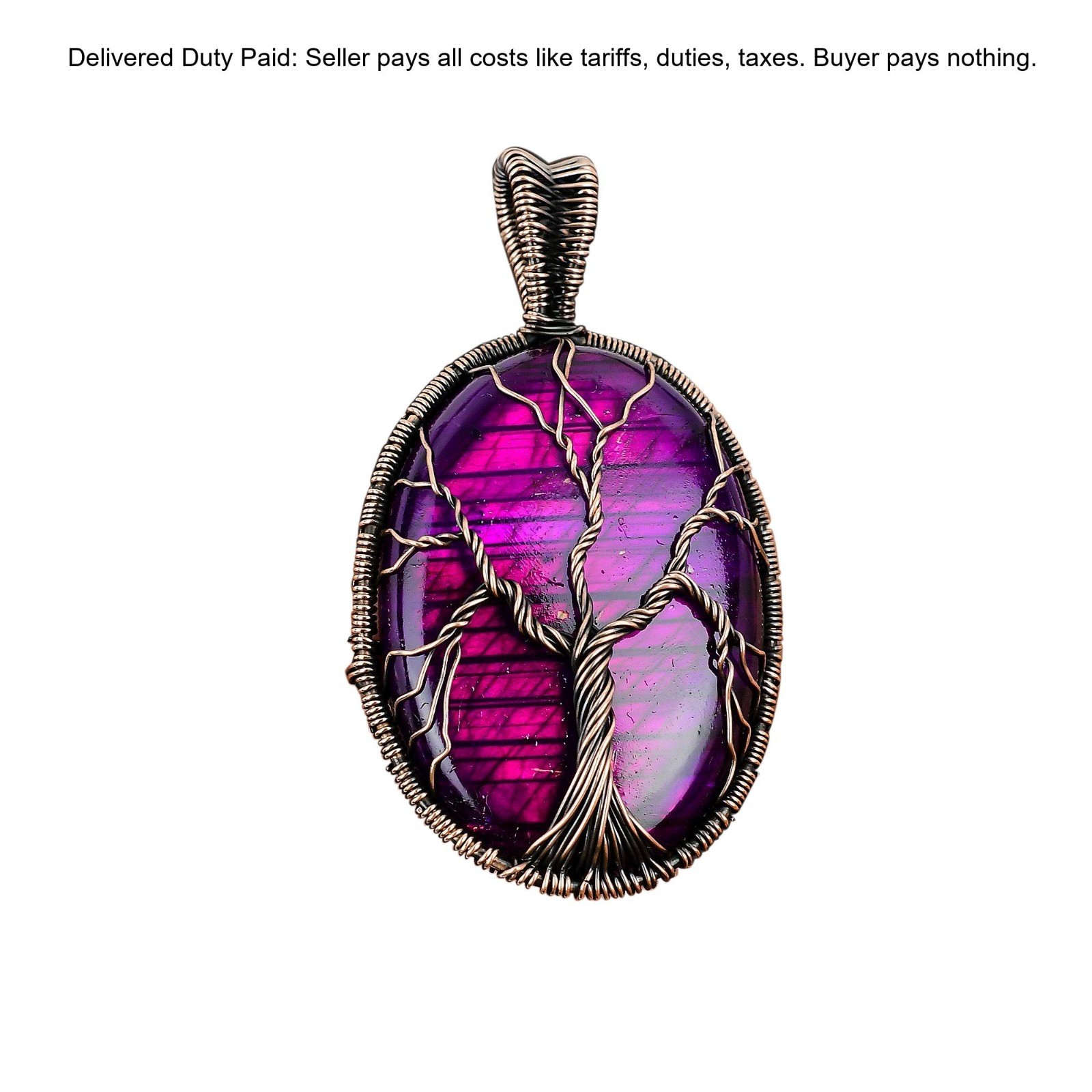 Copper Pink Fire Labradorite Gemstone Wife Tree Of Life And Wire Wrapped Pendant