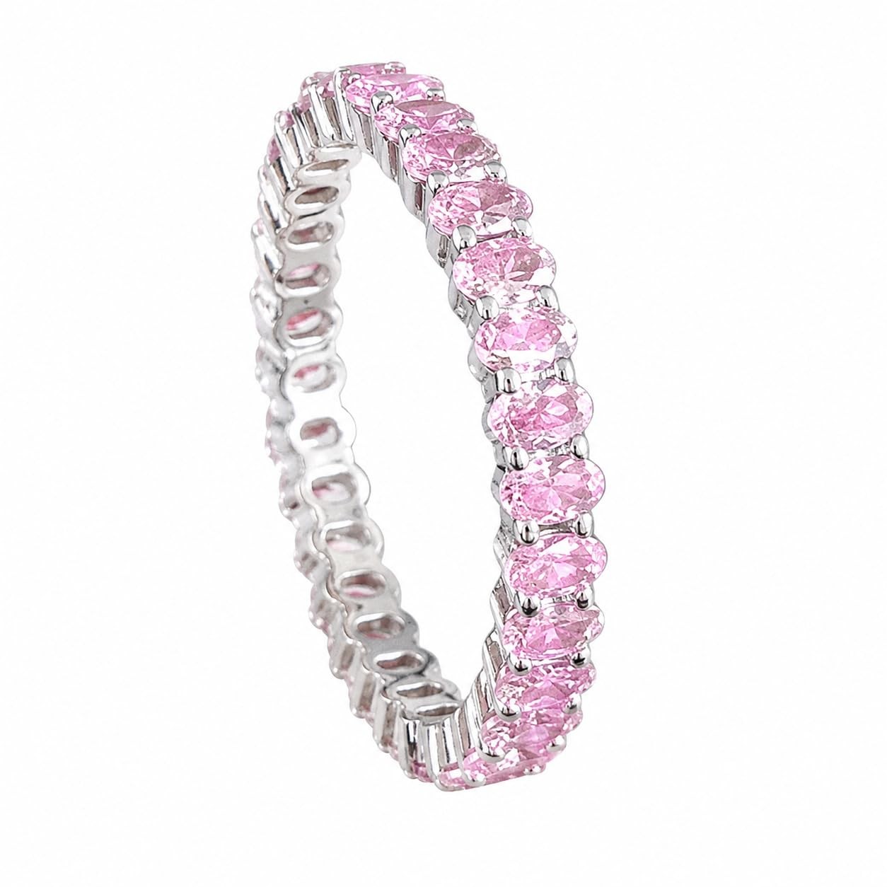 Warm Fortune Full Eternity Oval Cut Pave Band Statement Ring for Women, 18K Whit