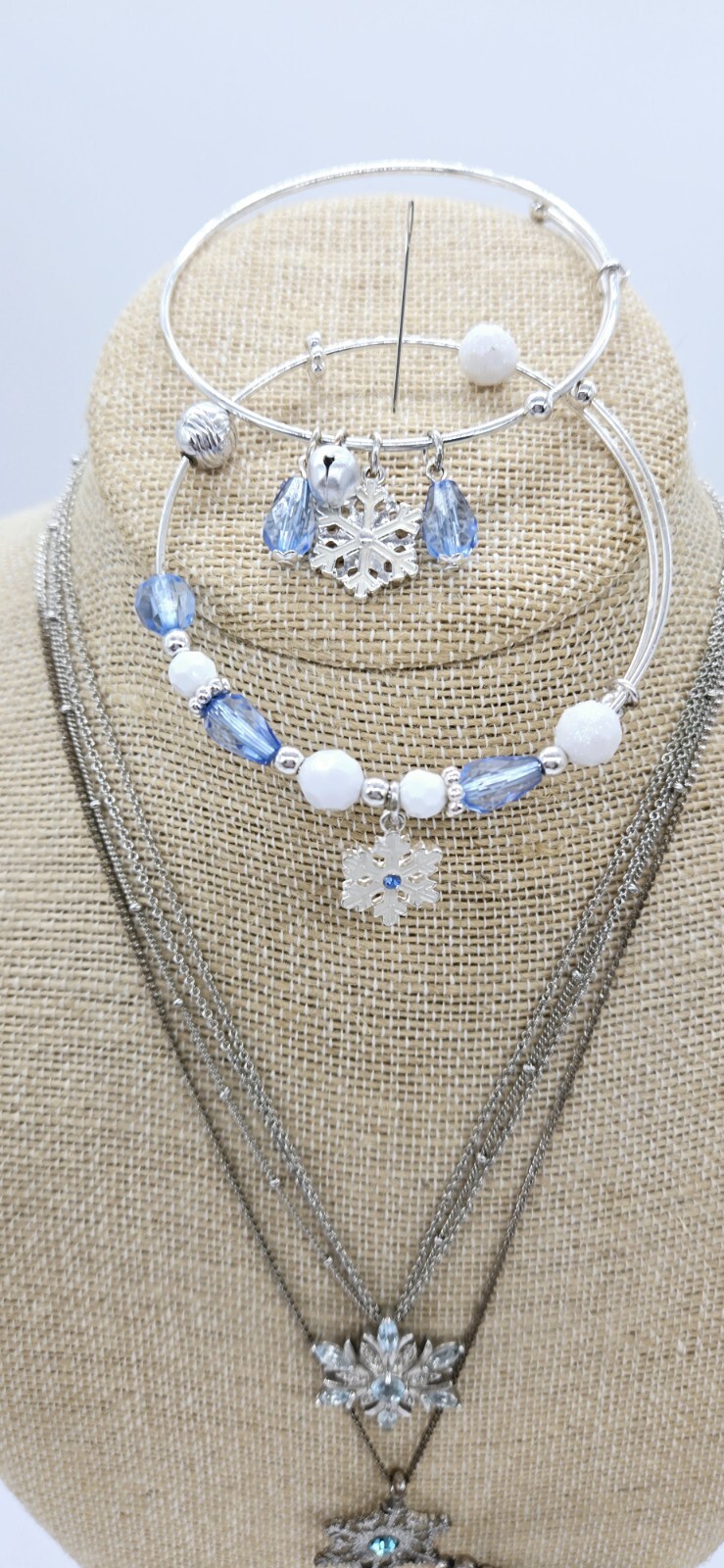Snowflake Christmas Necklace Bracelet Earring Lot Blue Silver tone Set of 5