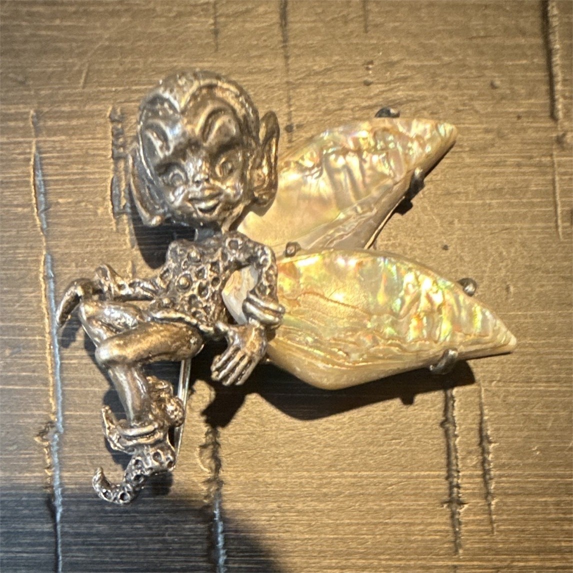 Vintage Cyvra Pixie Fairy Paua Shell & Sterling Silver Brooch Pin 2 inch x 4inch