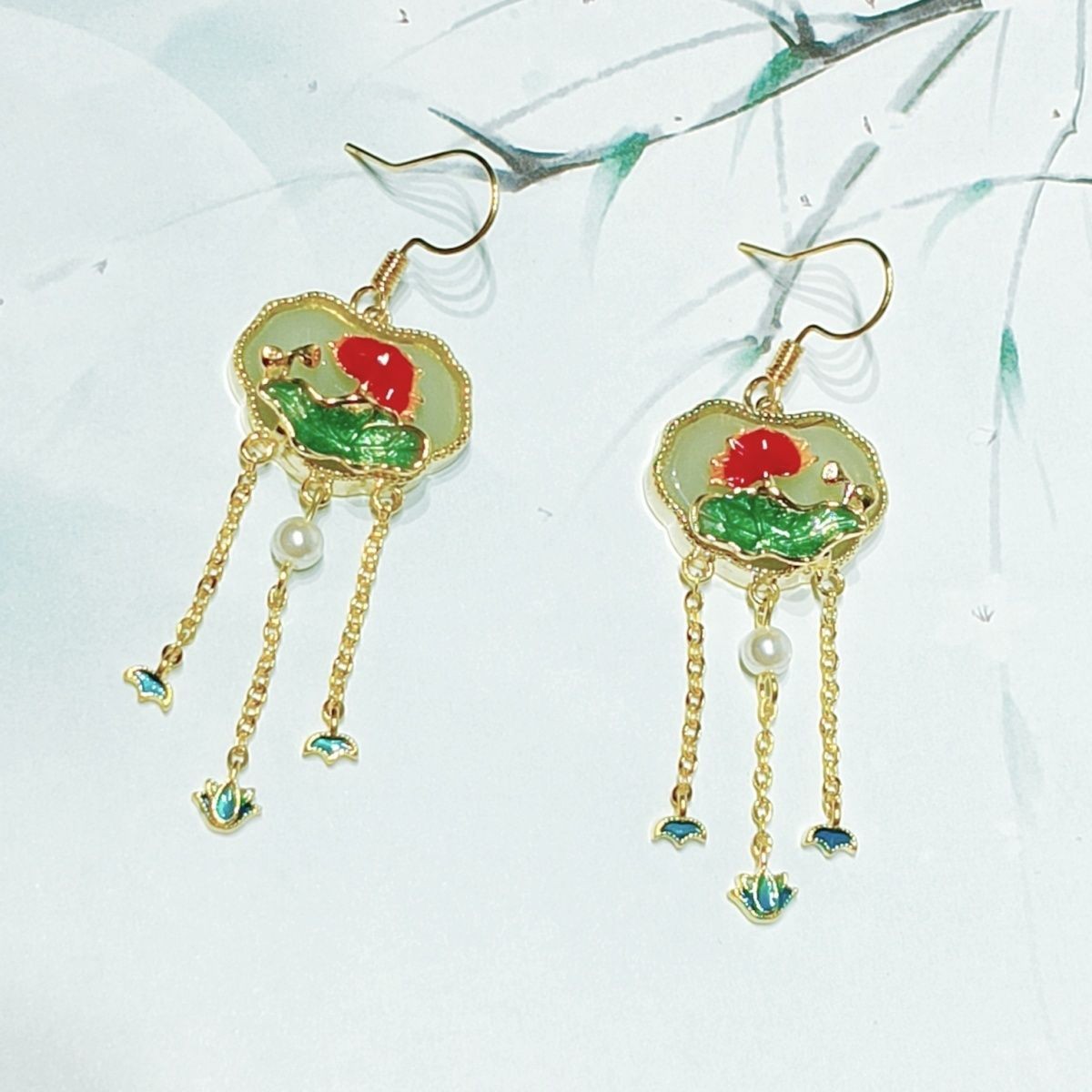 New Chinese Style Enamel Tassel Earrings with Agate Vintage Chinese Ear Jewelry
