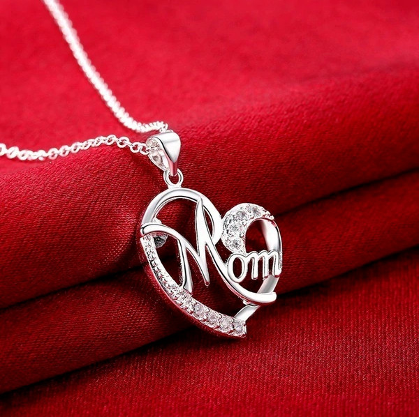 Silver Mom Love Heart Charm Pendant Chain Necklace Great Gift Mother’s Day, Mum