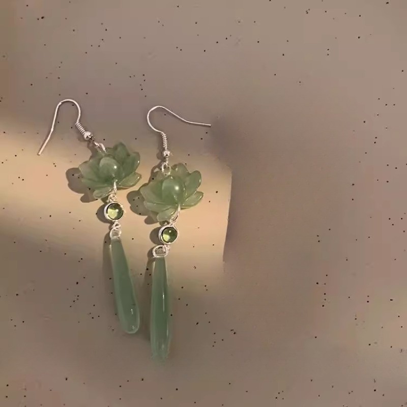 1Pair Exquisite Lotus Jade Tassel Earrings Hanfu Earrings Pendants Accessories