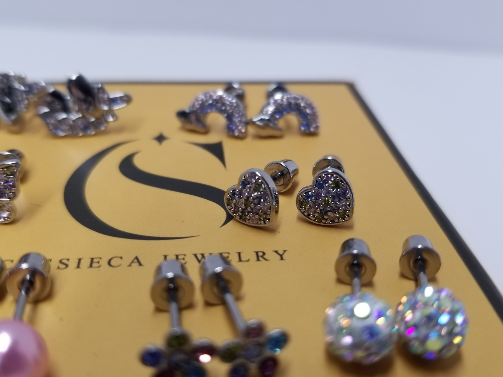 CASSIECA “Joyful Fantasy” 8 Pair Colorful CZ Stainless Steel Screw Back Earrings