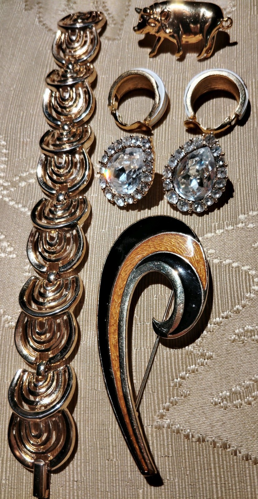 Vintage Crown Trifari Bracelet Earrings/ Trifari Brooch Pig Pin