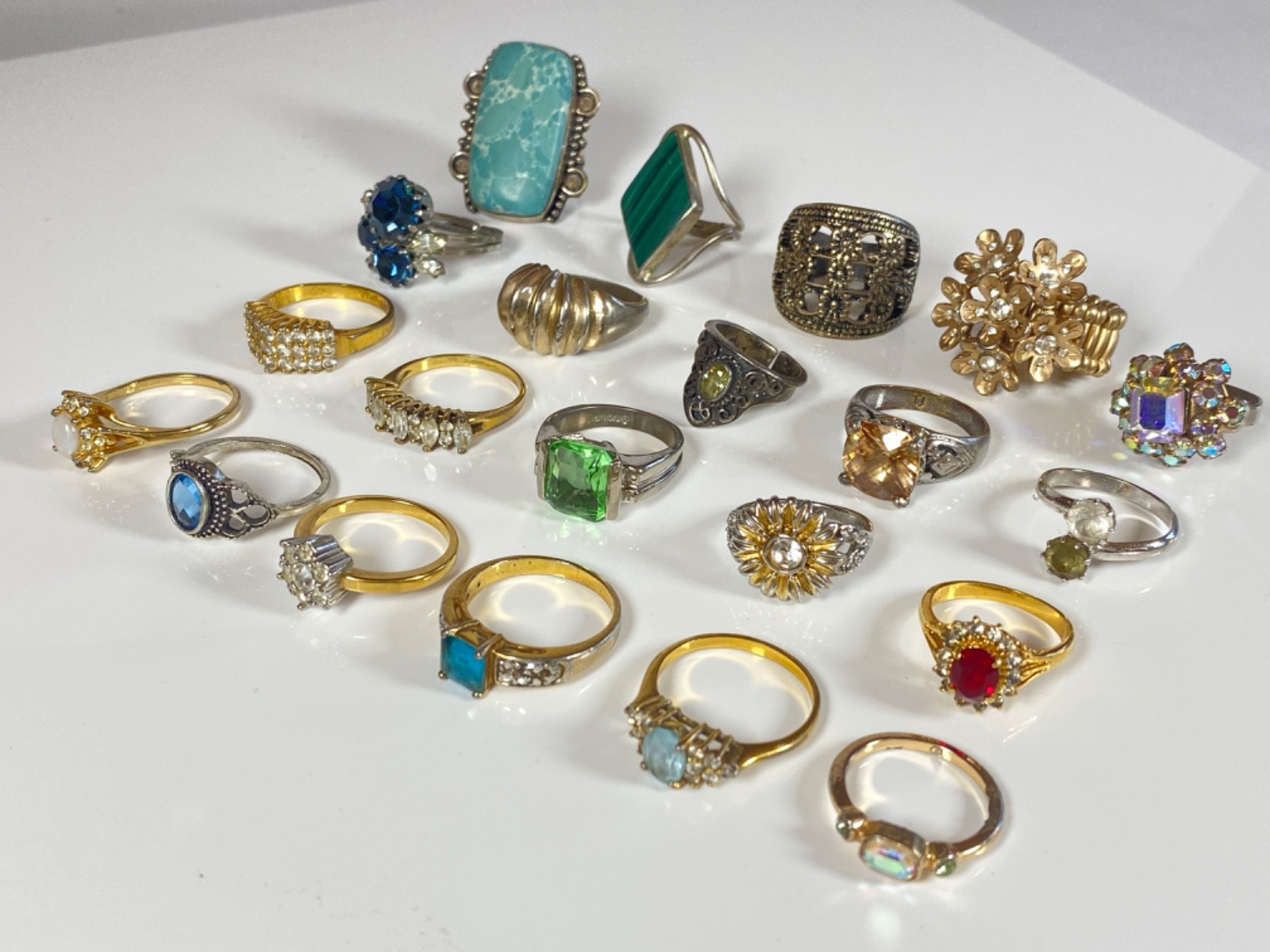 HUGE LOT OF 21 Rings Various Styles Sizes Mexico, 18K GE, PL, etc. NO STERLING