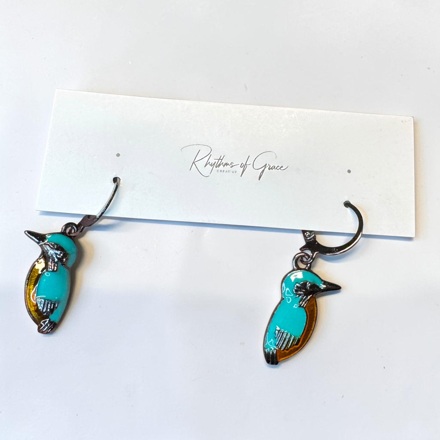 Kingfisher Bird Hoop Earrings Turquoise Enamel Silver Tone Cute Nature Wildlife