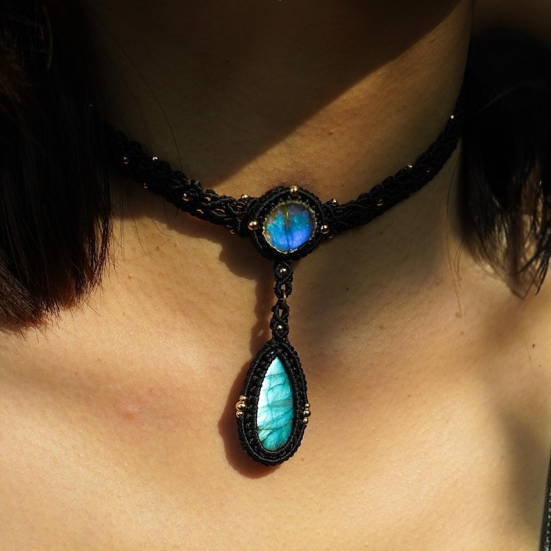 labradorite necklace,Crystal macrame choker, gold choker necklace, natural stone