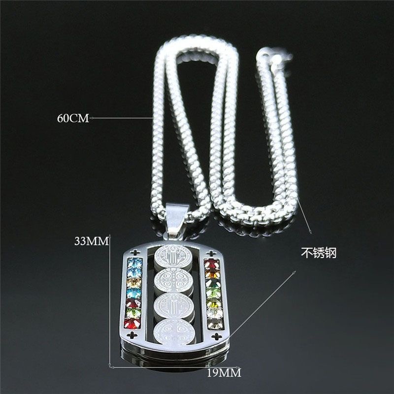 Stainless St. Benedict Medal Pendant Colorful Zirconia Religious Unisex Necklace