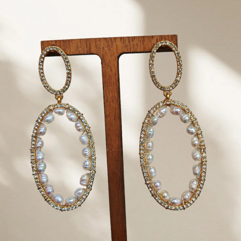Handmade Woven Pearl Oval Hoop Stud Earrings Daily Elegant Women Jewelry