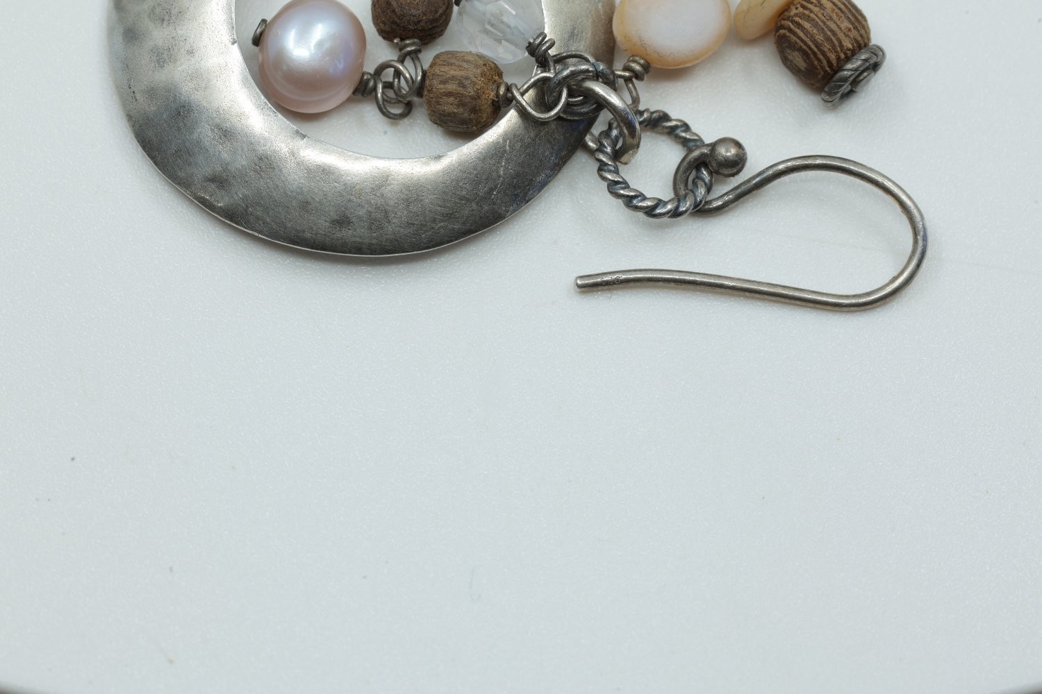 Silpada Sterling Silver Hammered Disc Drop Earrings Pearl Wood Quartz Boho
