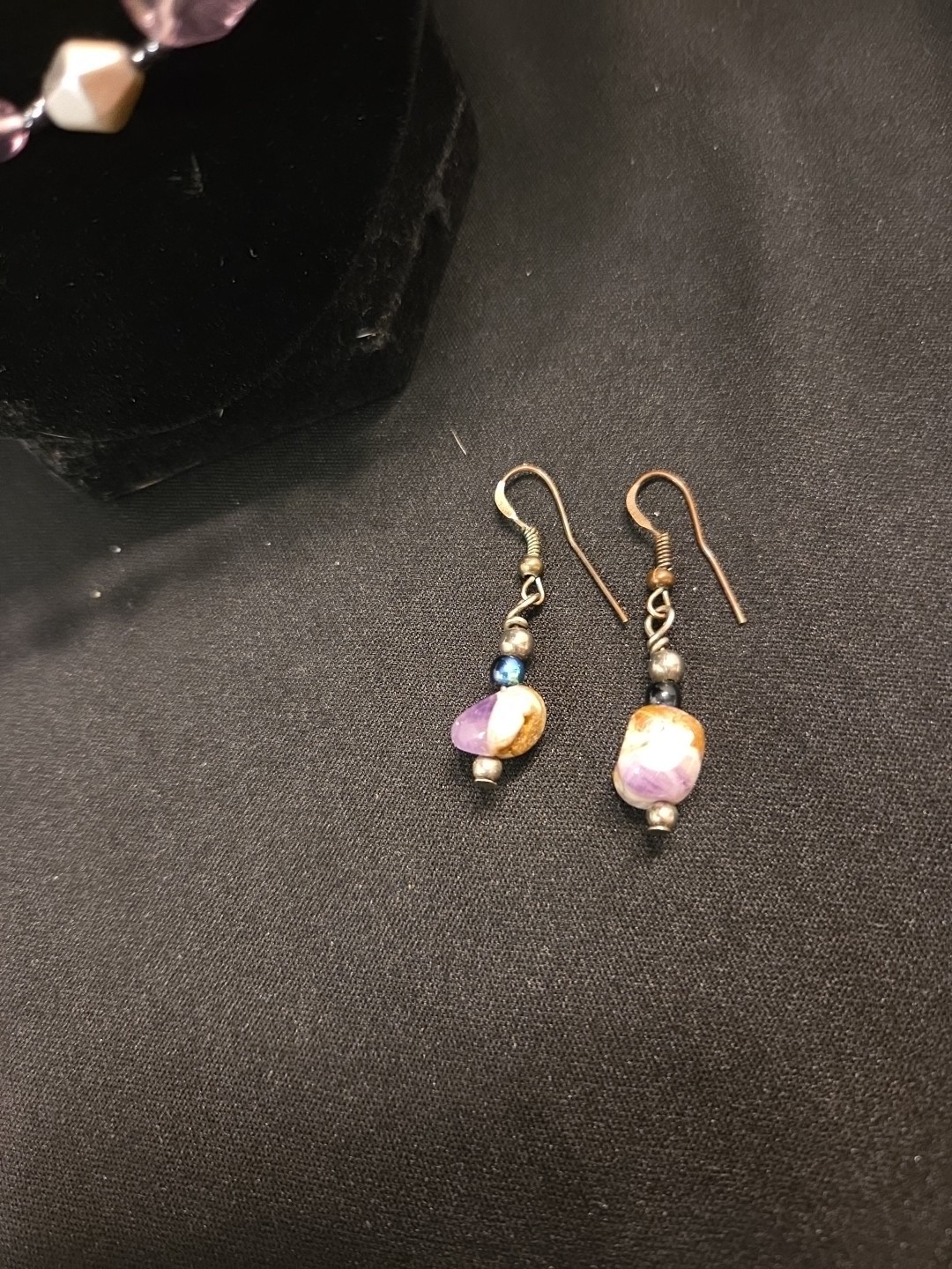Purple & Silvertone Set Of 2 Necklaces 1, 16″ Other 20″ & Purple Stone Earrings