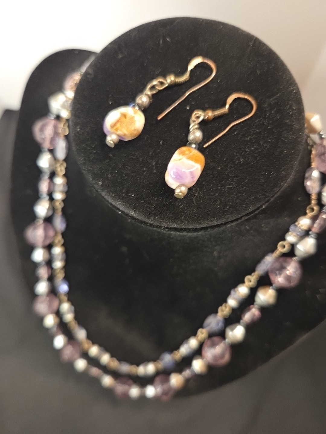 Purple & Silvertone Set Of 2 Necklaces 1, 16″ Other 20″ & Purple Stone Earrings