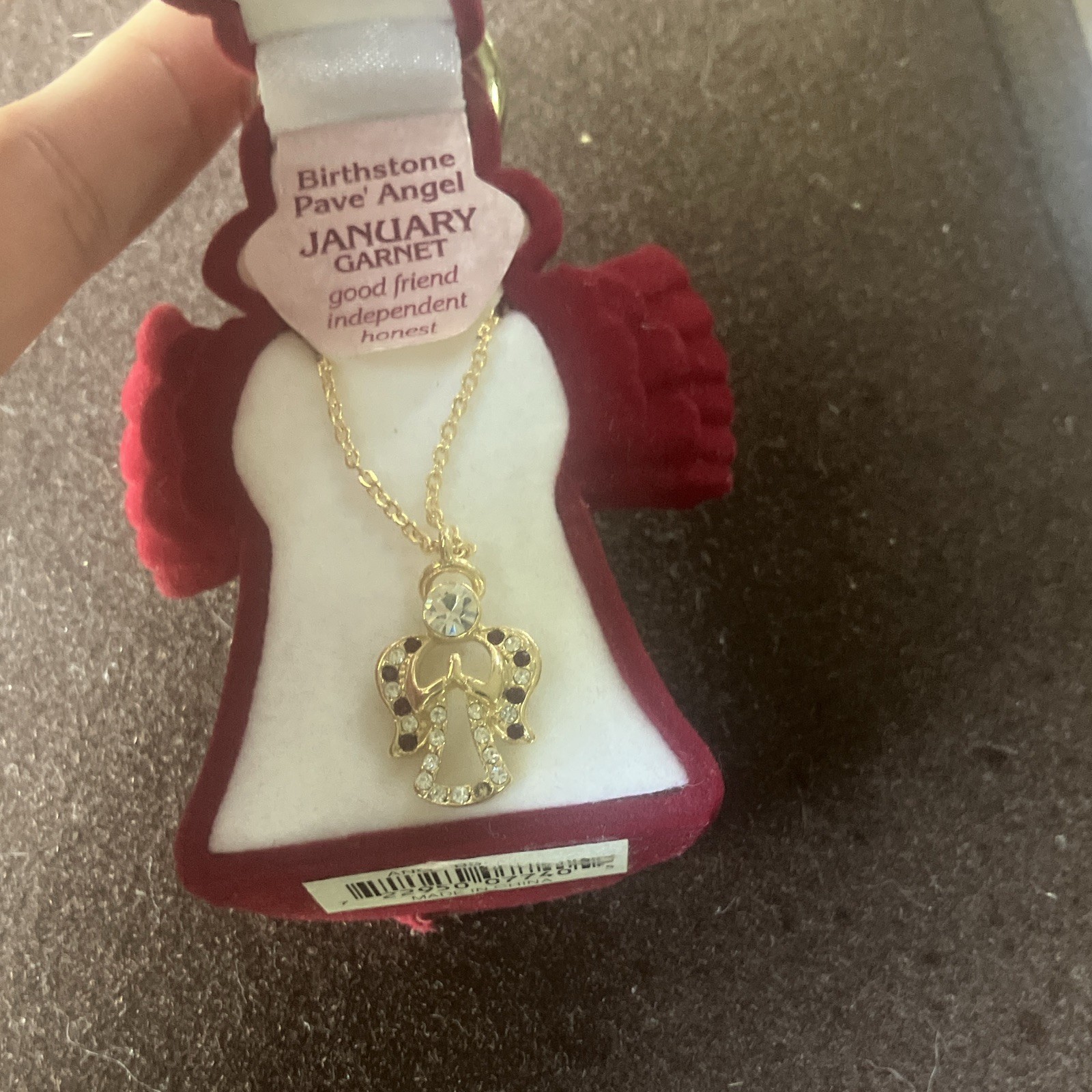 Gold Tone Pavé Angel Charm Pendant Necklace Clear Crystal Garnet Red Cable