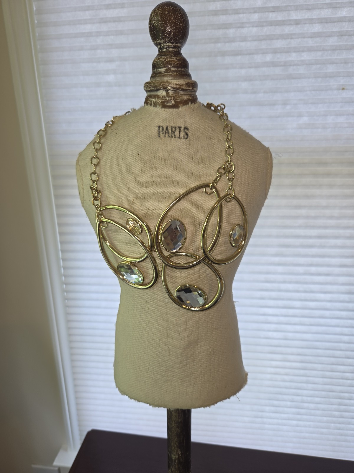 Gold Tone Statement Pendant Necklace 5 Oval Clear Crystals Bezel Adjustable