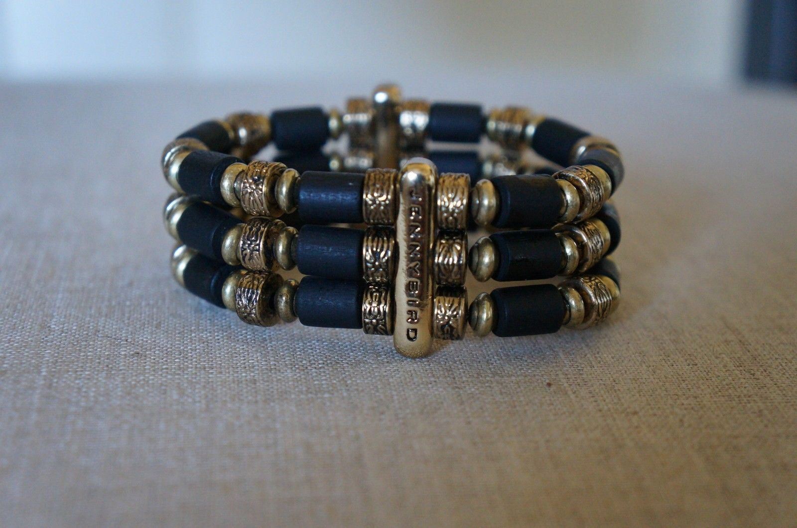 NEW Jenny Bird Tibetove Cuff Bracelet Gold & Hand Carved Wooden Beads Black
