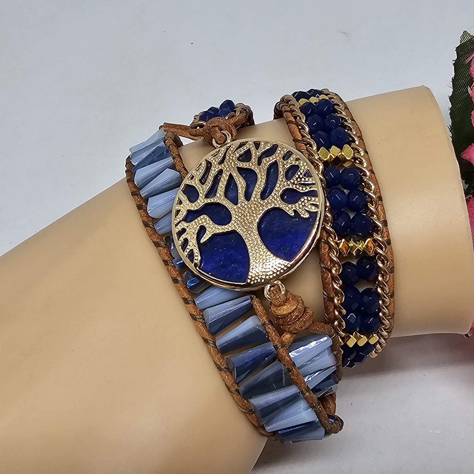 Blue Lapis Lazuli Tree of Life Bracelet Gold Crystal Braded Wrap Leather Boho