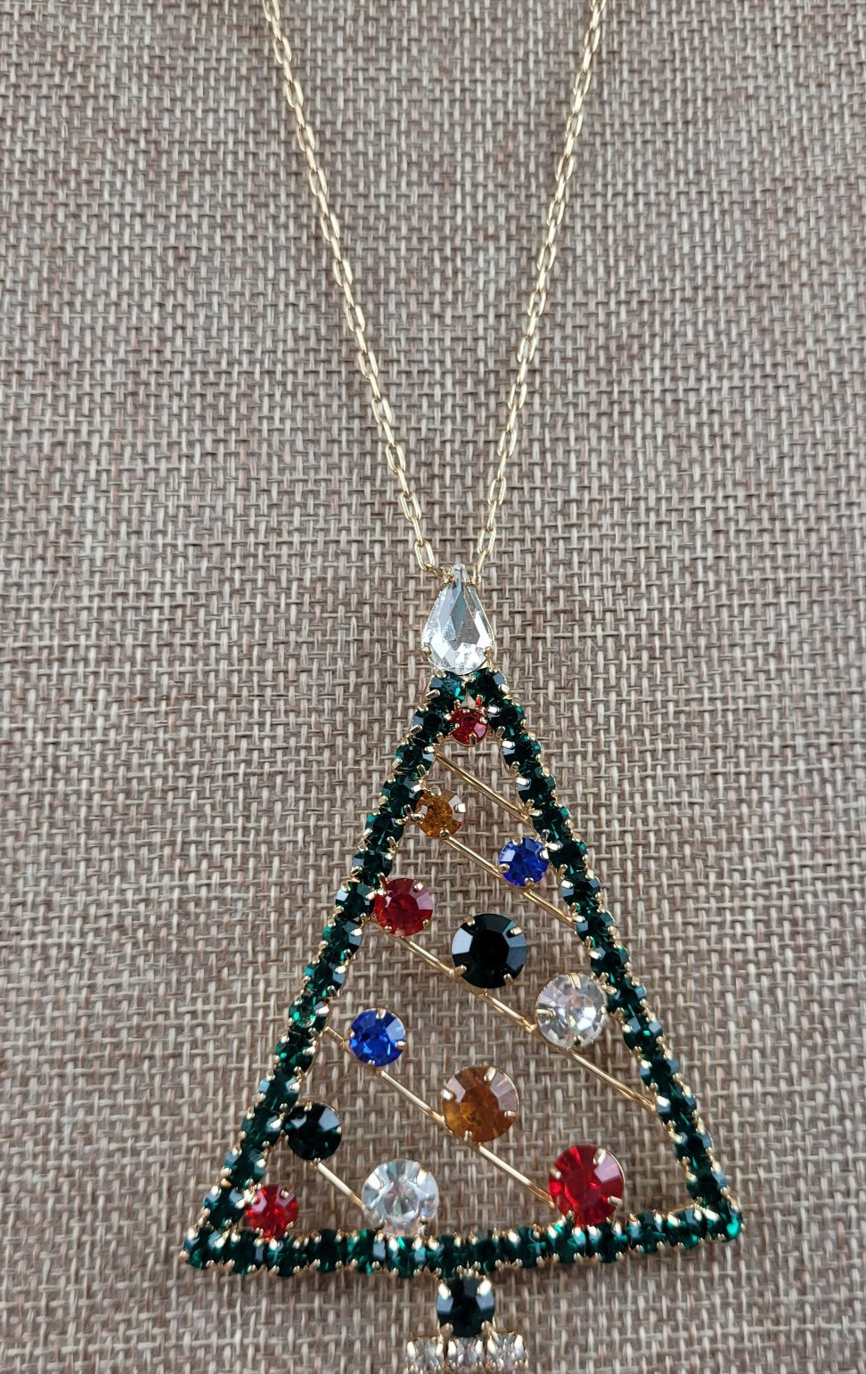 Large Rhinestone Christmas Tree Pendant Necklace Extra Long Chain 35″