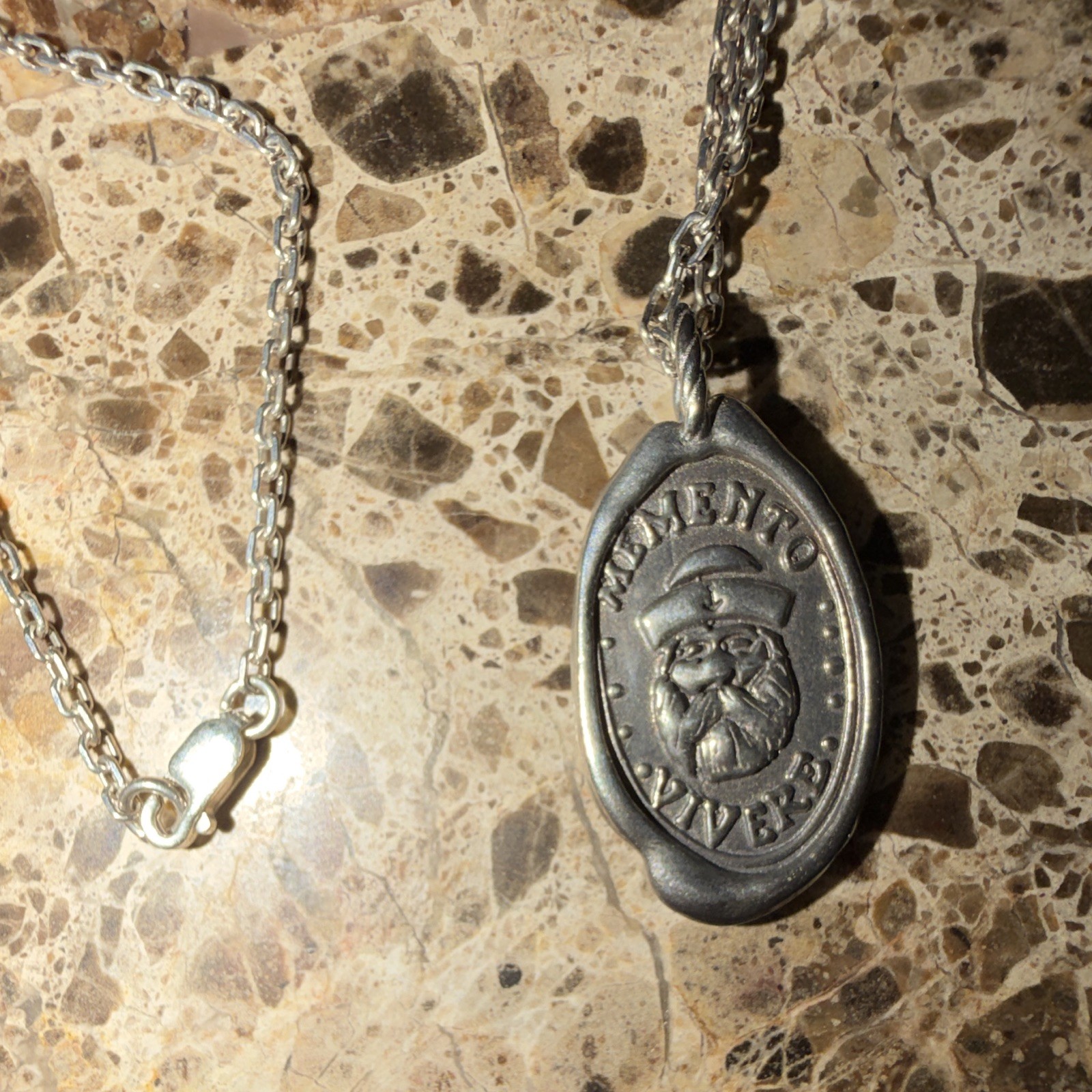 Memento Mori Signed Silver Skull Oval Charm Pendant Necklace Rope Chain