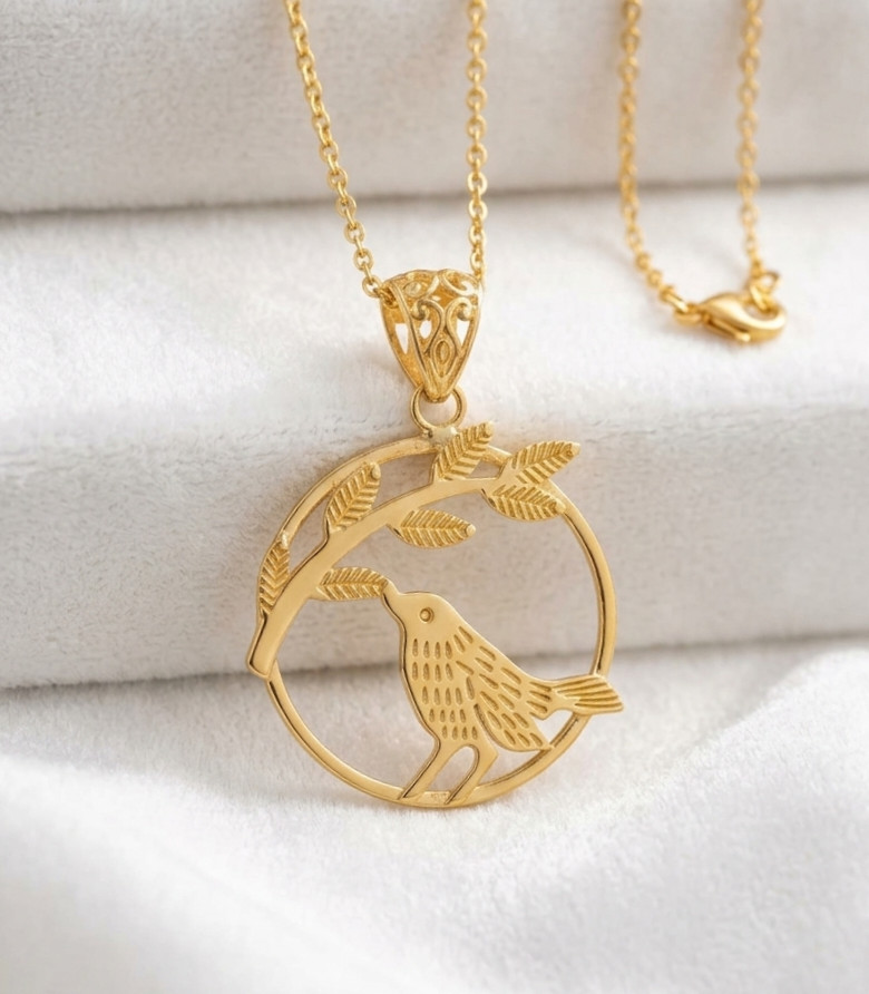 Pure Brass Bird on Branch Gold Color Pendant Nature Floral Charm Gift for Her.