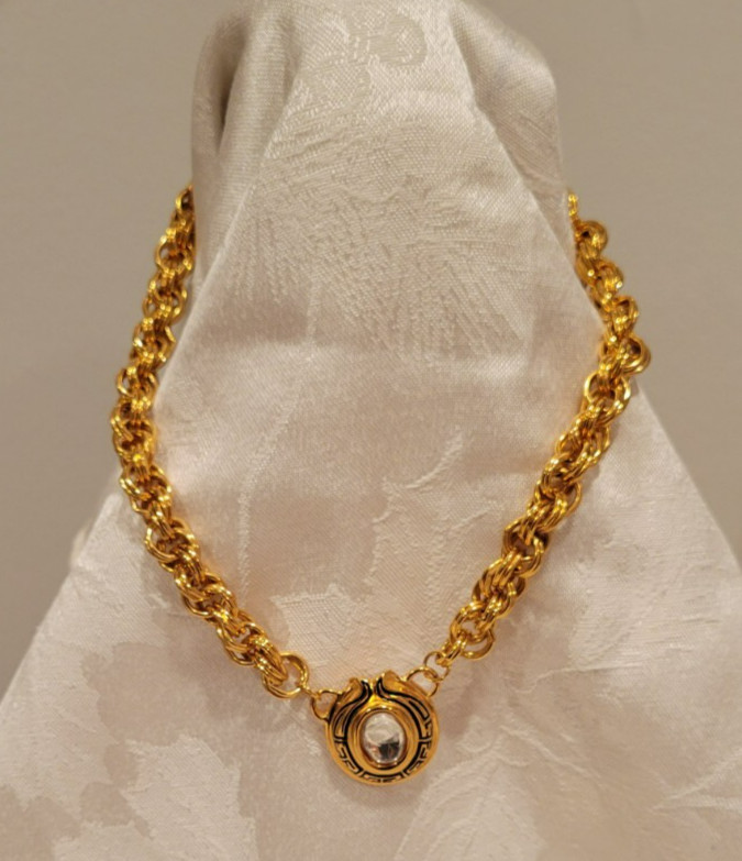 MINT Fendi Gold Plate Logo Necklace Milky Quartz Gripoix/Clip Earrings VTG