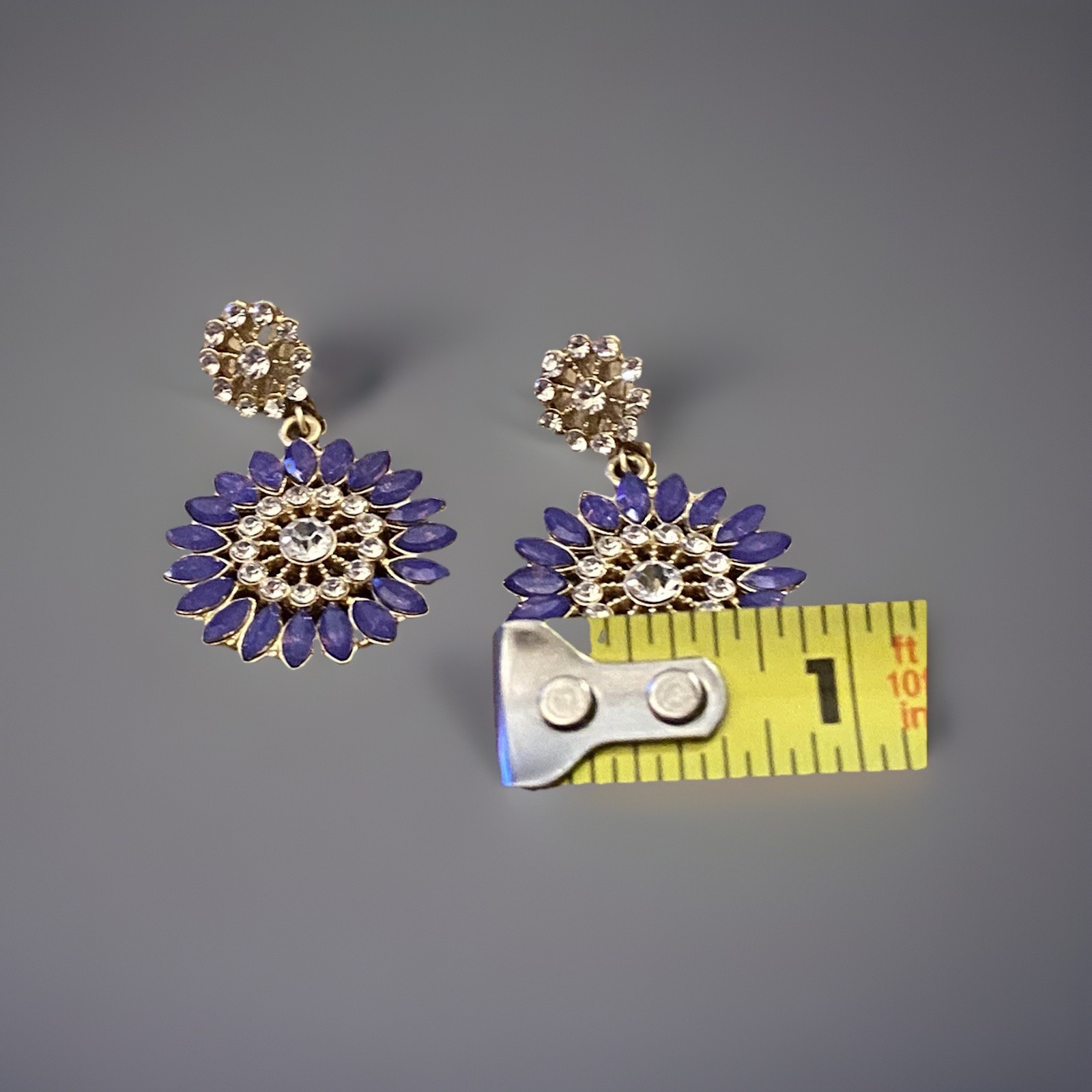 Purple & Clear Glass Gold Tone Round Dangle Pierced Earrings