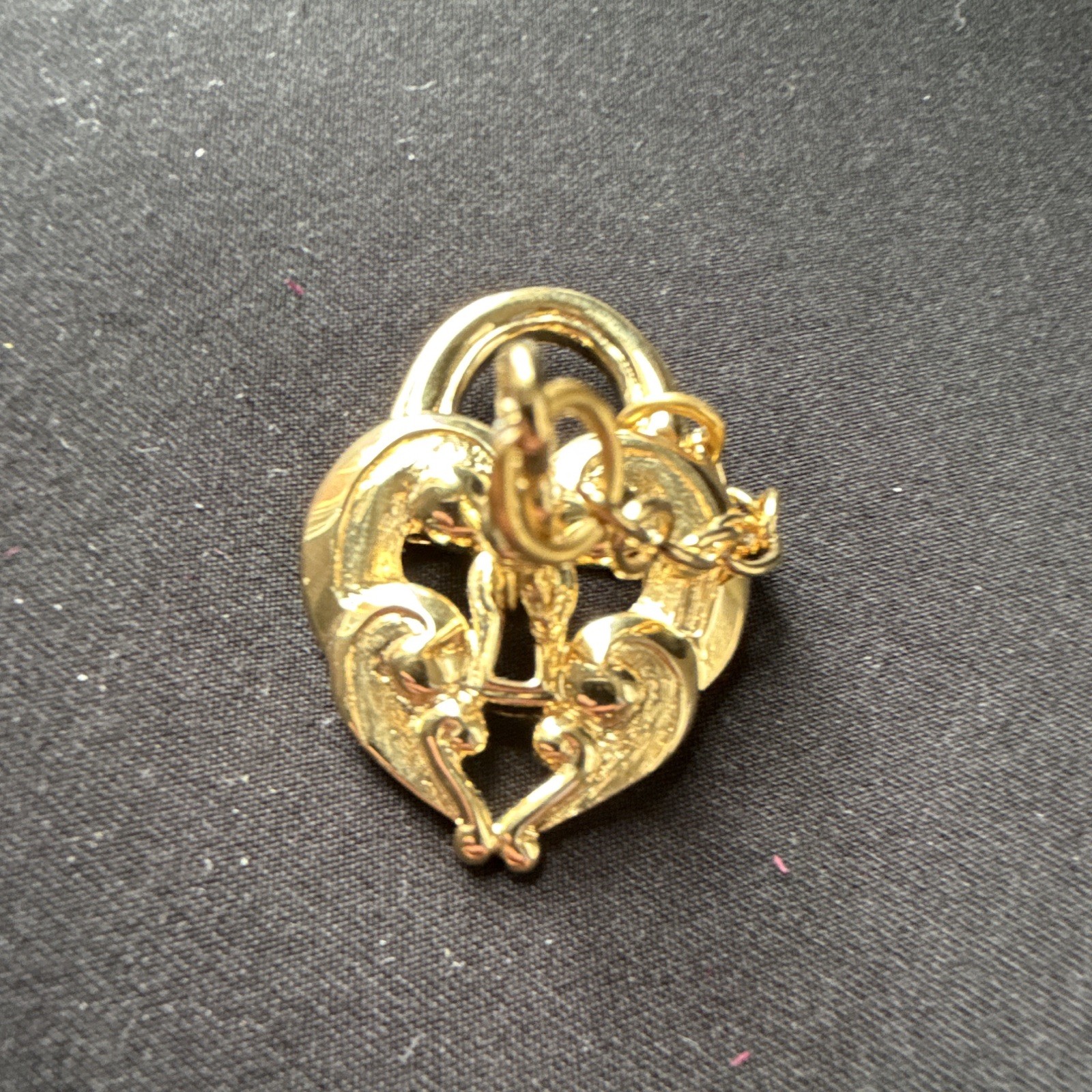 Vintage Trifari Signed Gold Tone Heart Padlock Dangle Brooch Pin Chain Key Charm