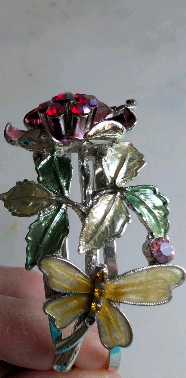 Gorgeous Spring Bling Flower Butterfly Bracelet Pink Red Yellow Enamelware Cuff