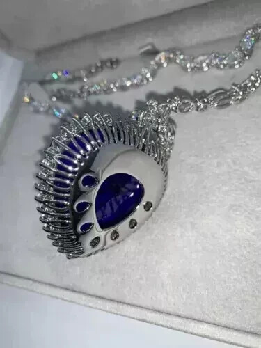 Gorgeous Titanic Heart Of The Ocean Necklace 25 CT Simulated Sapphire 925 Silver