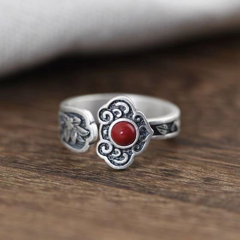 Silver Women’s Ring with Natural NanHong Agate Ruyi Motif One Size Fit All
