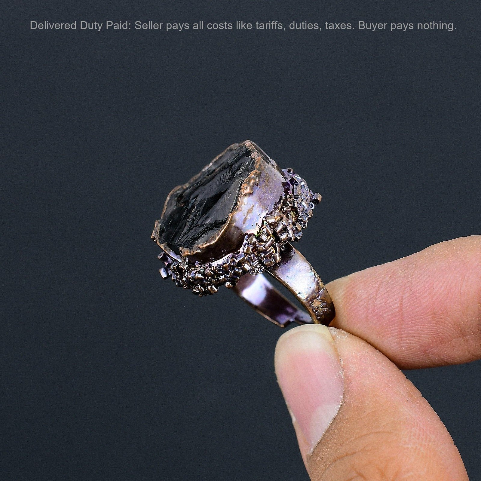 Copper Black Tourmaline Rough Stone Solitaire Electroformed Artisan Ring Jewelry
