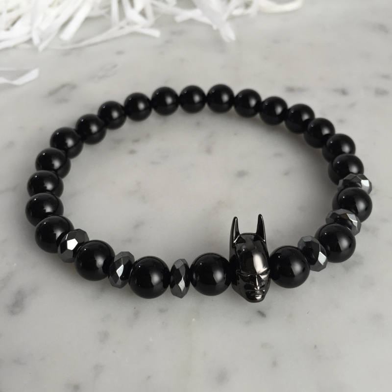 Charm Black Batman Bracelet Men 8mm Black Natural Onyx Round Male Bead Bracelets