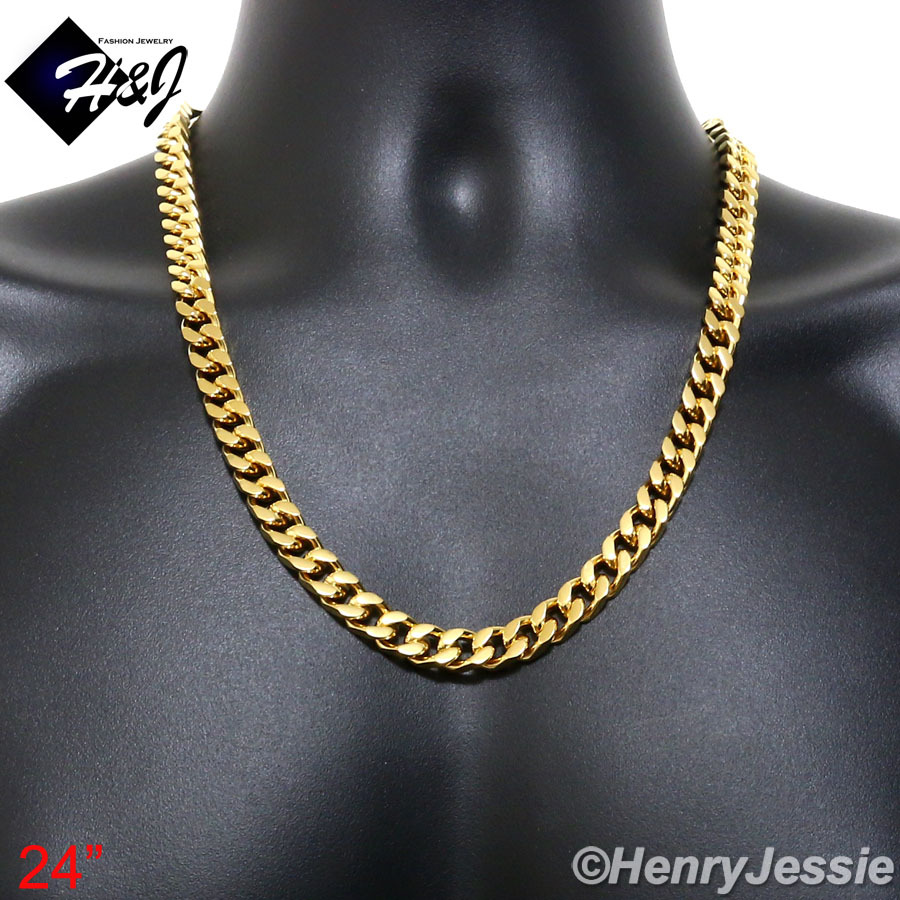 18″-40″MEN Stainless Steel HEAVY WIDE 9mm Gold Plated Cuban Curb Chain Necklace