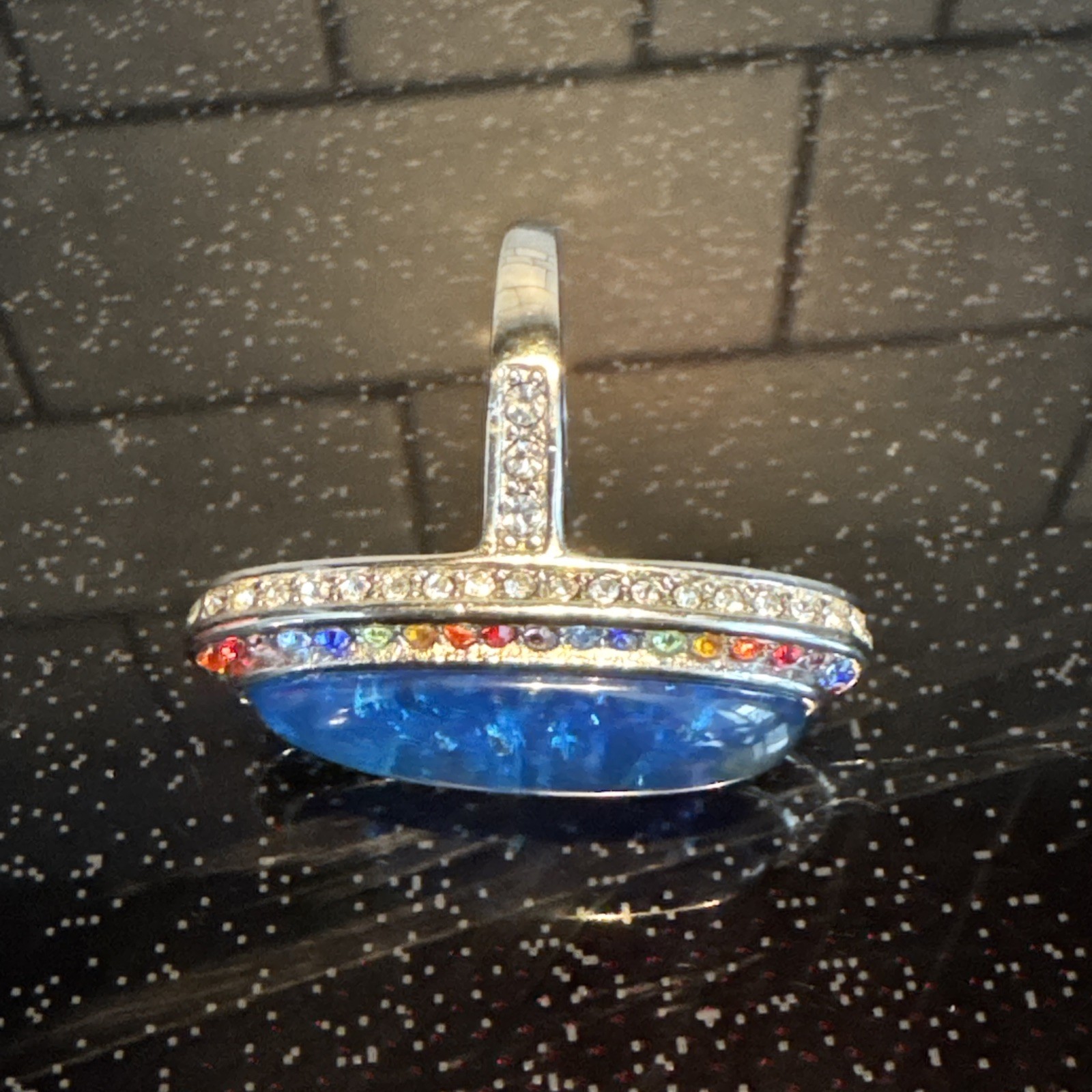 Beautiful Multi Color Austrian Crystal Lab Created Faux Opal Ring Stainless Sz 8
