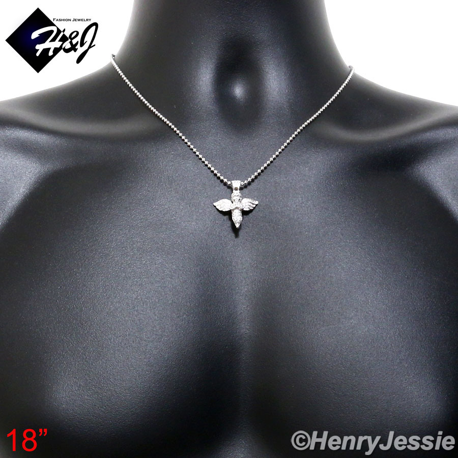18″MEN 925 STERLING SILVER 2MM MOON CUT BEAD CHAIN ICY CZ ANGEL WING PENDANT*106