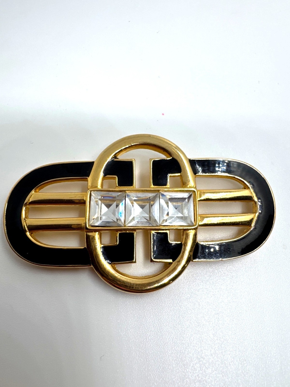 Swarovski Crystal Art Deco Brooch Black Enamel Gold Tone Signed Swan Pin