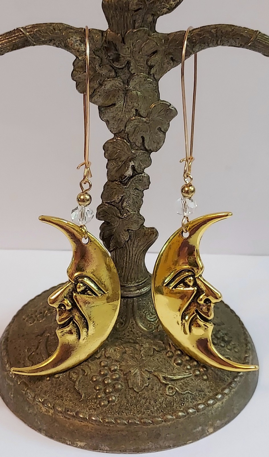Moon Face Dangle Earrings Gold Tone Celestial Crescent Moon Statement