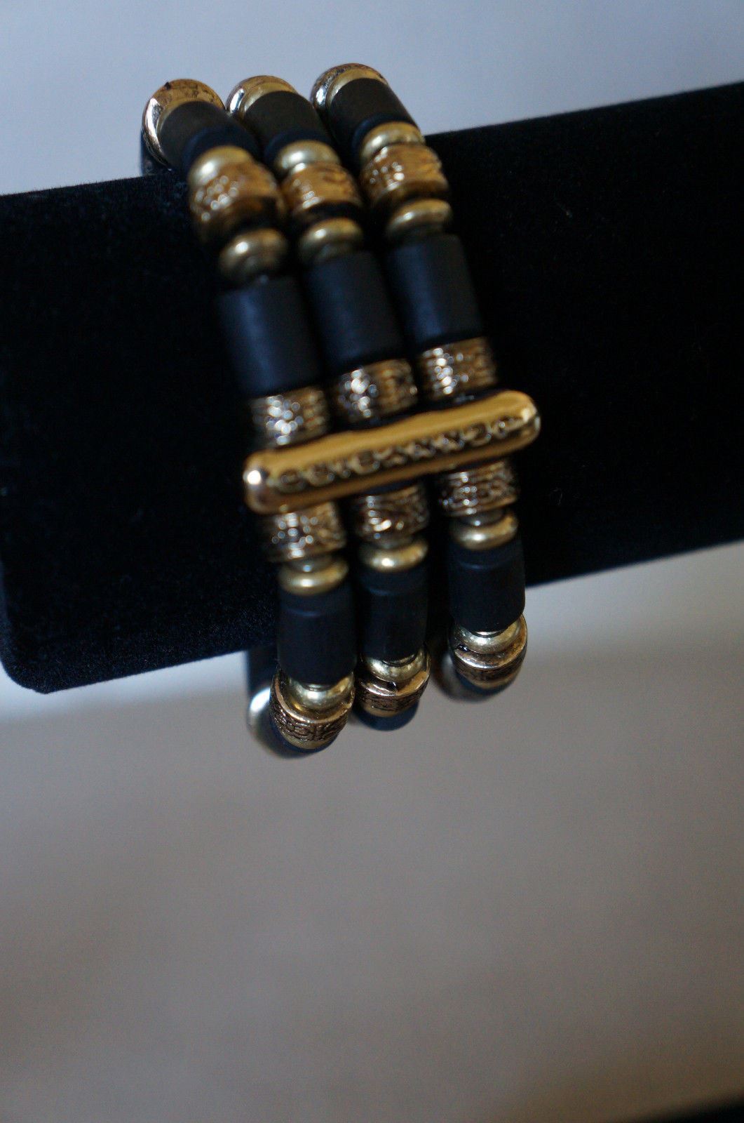 NEW Jenny Bird Tibetove Cuff Bracelet Gold & Hand Carved Wooden Beads Black