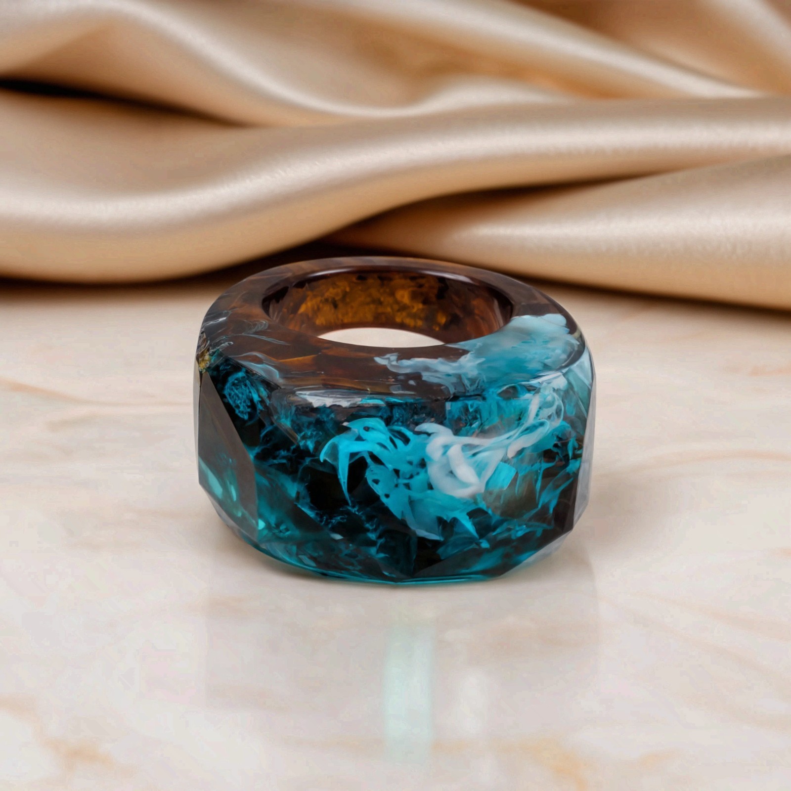 Wood Resin Ring Ocean Blue Epoxy Landscape Faceted Statement Ring Handmade Band