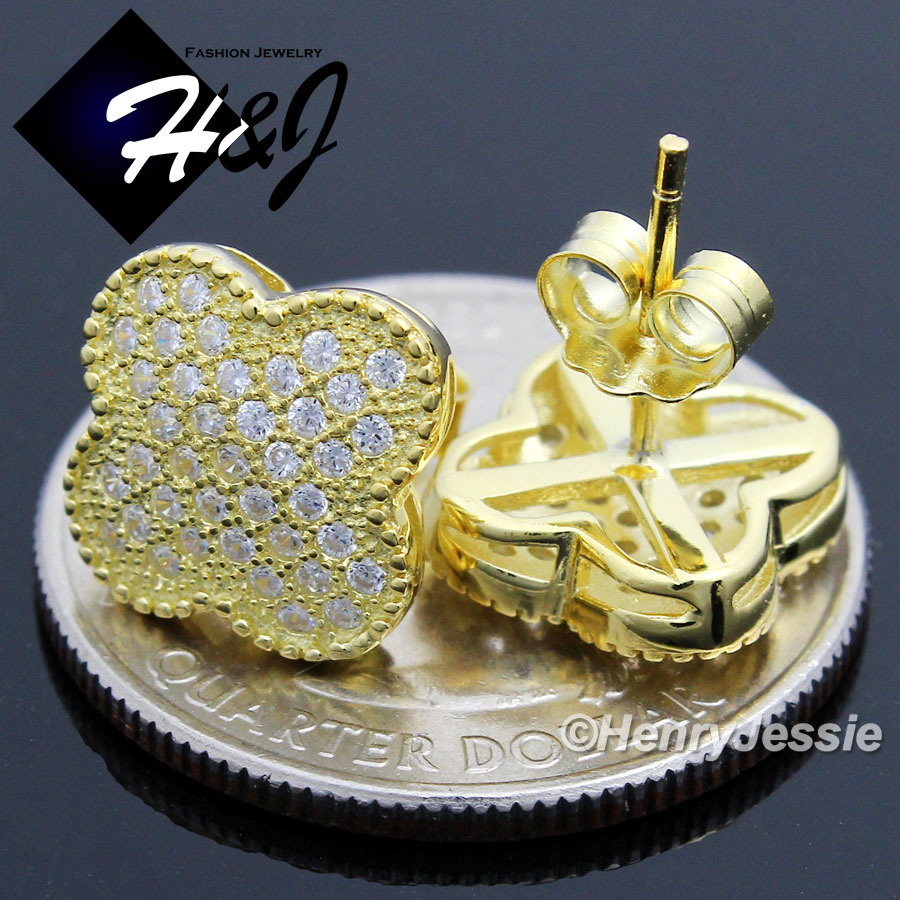 925 STERLING SILVER ICY CUBIC ZIRCONIA 10MM FLOWER GOLD PLATED STUD EARRING*E84
