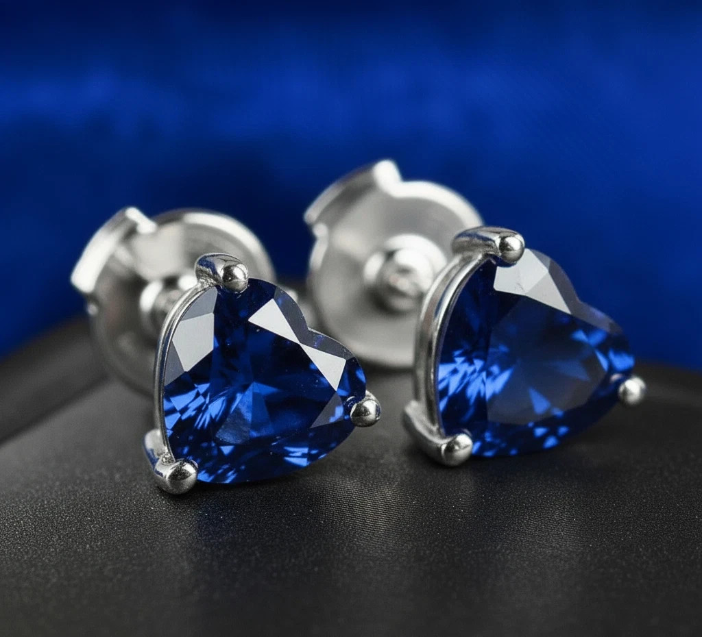 14K White Gold Finish 1.50Ct Simulated Heart Sapphire Solitaire Stud Earrings