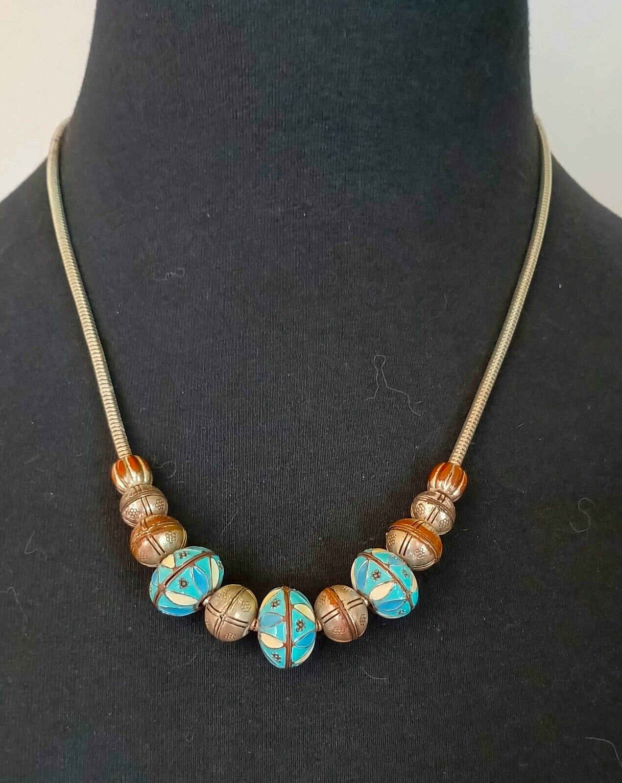 Vintage Fashion Necklace Pretty Enameled Metal Beads on a Silver Tone Chain