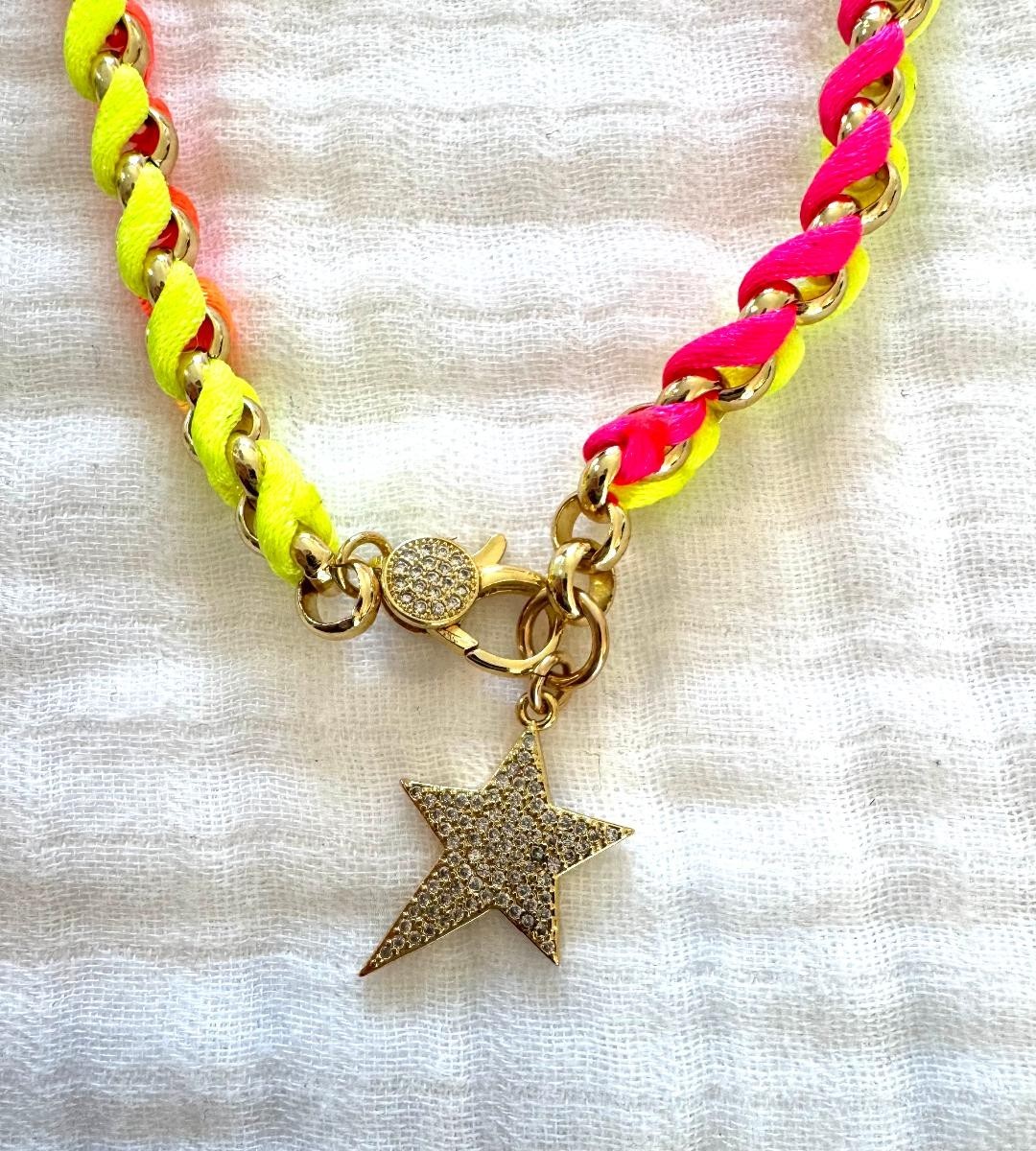 BRACHA Strand NECKLACE STAR Pendant w/ CORD Neon Pink Yellow Orange 15″ $$
