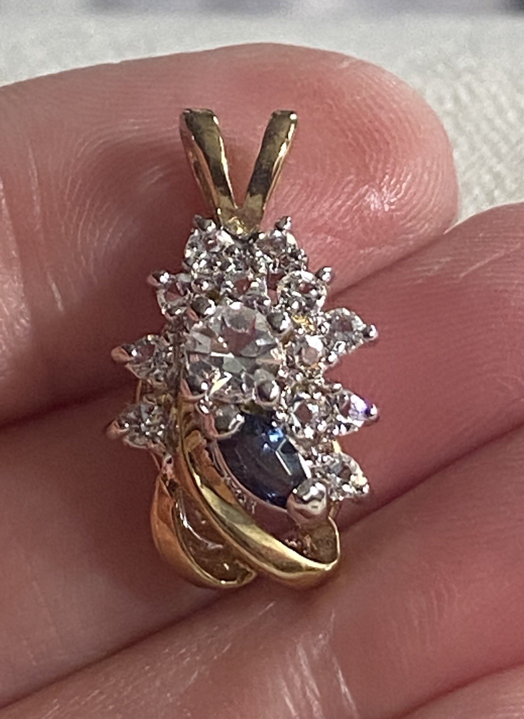 New Pendant Clear & Blue Gems Crystals Gold-tone 7/8 Inch