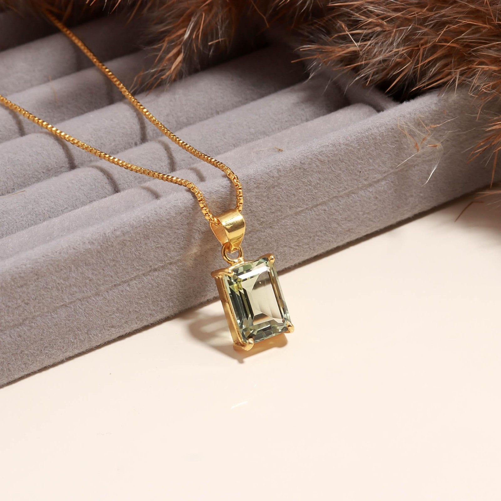 Natural Green Amethyst Octagon Necklace Gold Plated 925 Sterling Silver Jewelry