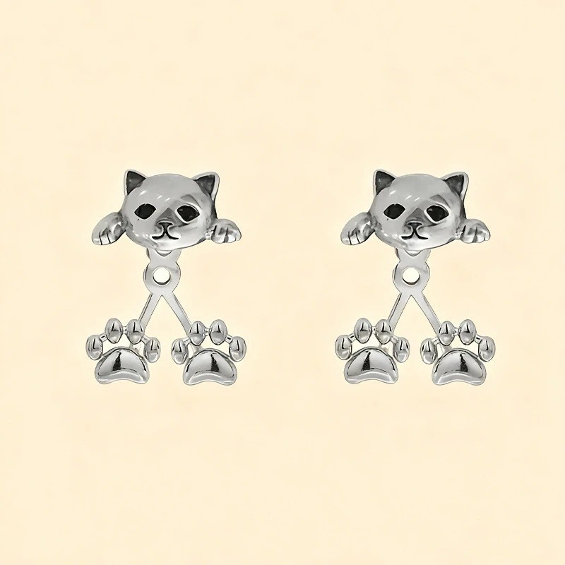 1pair Vintage Cat Paw Stud Earrings Back Hanging Silver Animal Jewelry Gift