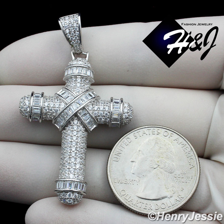 24″MEN 925 STERLING SILVER 2MM MOON CUT BEADED CHAIN ICY CZ CROSS PENDANT*SP232