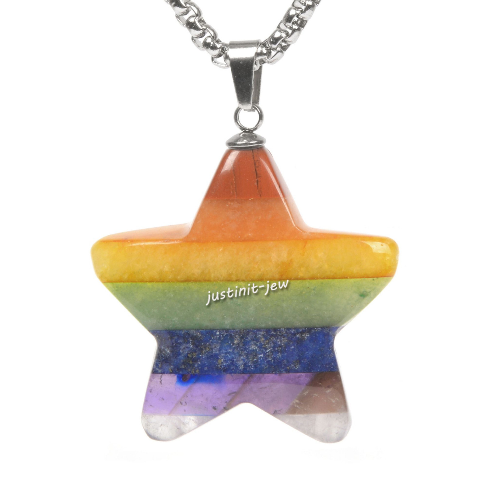 30mm 7 Chakra Gemstone Healing Crystal Star Pendant &Necklace 22 Inch