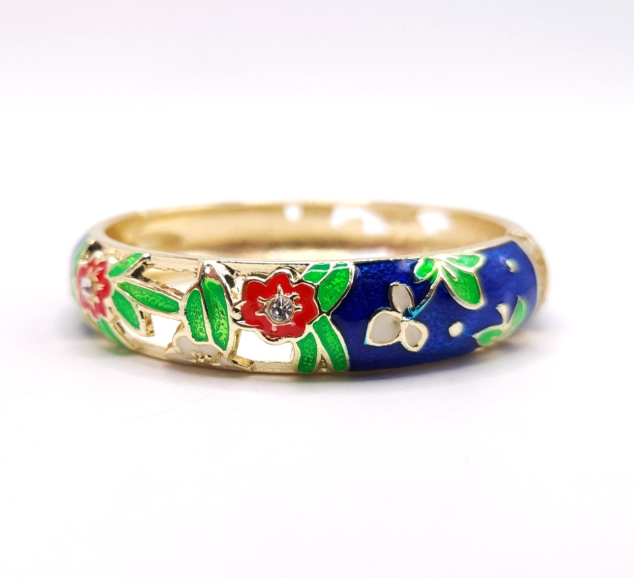 18K Gold Plated Floral Enamel Bangle Blue Red Green White Rhinestone Bracelet